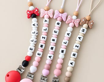 Personalised baby girl dummy clip with name and bow/ personalized pacifier strap for baby girl/ soother holder/ baby shower gift for girl