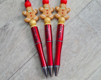 Beaded personalised pen/ballpoint pen engraved with name Gingerbread Man themed Christmas gift/stocking filler/Xmas teacher gift