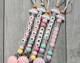 Personalised baby girl dummy clip with name and rainbow/ pacifier strap for baby girl personalized/ soother holder/ rainbow baby girl