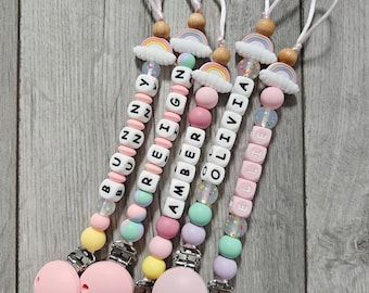 Personalised baby girl dummy clip with name and rainbow/ pacifier strap for baby girl personalized/ soother holder/ rainbow baby girl