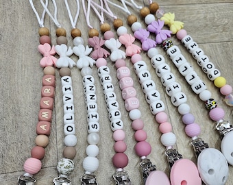 Personalised baby girl dummy clip with name and flower/ personalized pacifier strap for baby girl/ soother holder/ baby shower gift for girl