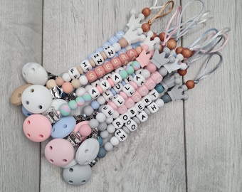 Personalized silicone dummy clip with name, geometrical beads/ gender neutral dummy clip/ neutral colours pacifier holder with name