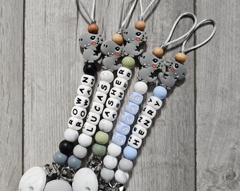 Baby boy dummy clip - BPA free silicone beads dummy clip- pacifier holder with name - personalised dummy clip for baby boy - dinosaur