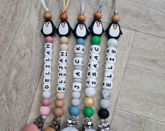 Personalised baby dummy clip Christmas themed/ penguin character baby dummy clip/ pacifier chain with penguin/ Xmas baby gift penguin themed