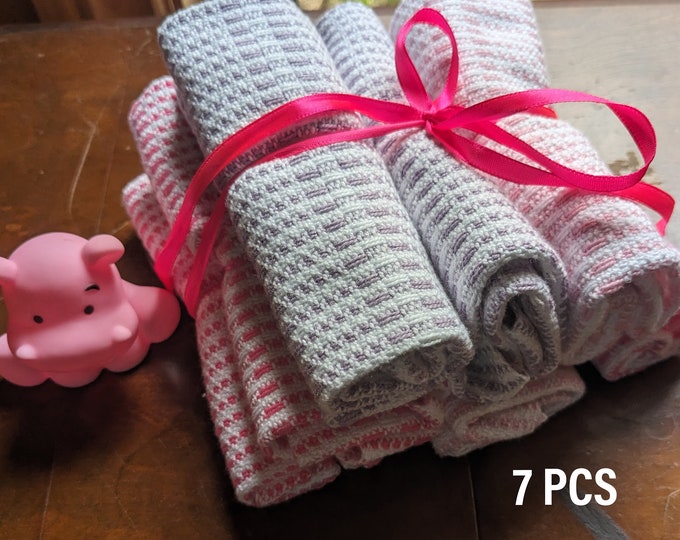 7 PCS Handwoven Cotton Baby Washcloths,  "It's a Girl" Colors-- Eco-Friendly, Reusable