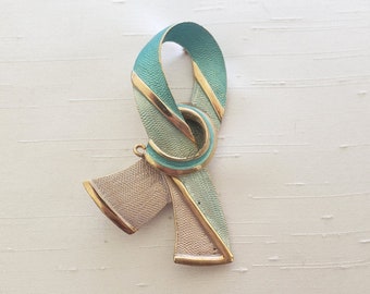 Vintage Hobè Ribbon Brooch Pin, Signed - Turquoise, Gold, Silver