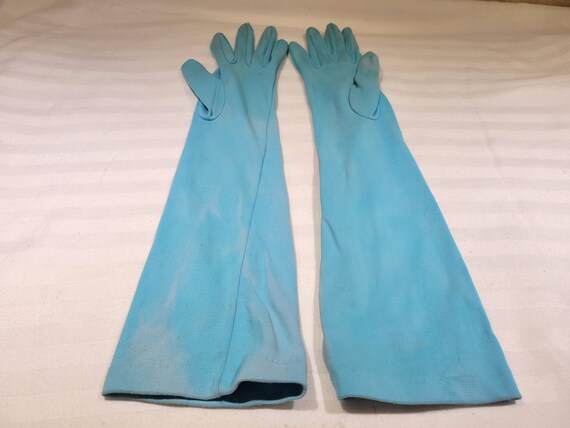 Vintage Long Aqua Fabric Gloves 7.5 Elbow Length … - image 3