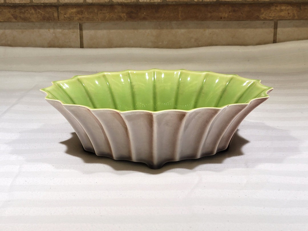 Roselane Pottery Dish Scalloped Chartreuse Taupe Bowl Planter Etsy