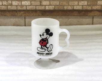 Mickey Mouse Footed Milk Glass Pedestal Coffee Mug Vintage 70s-80s