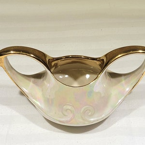 Vintage Sugar Bowl Pearl China Co Pearlescent Lusterware 22 kt. Gold 6.5&quot; Long 40s