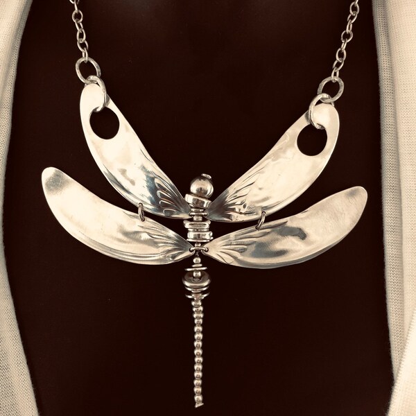 Dragonfly Necklace - Sterling Silver Antique Spoon Bowls - Hallmarked Articulated Statement Necklace - Inspired by Nature - Adrift Crafts