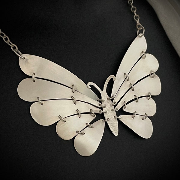 Silver Butterfly Necklace - Kinetic Jewelry - Brushed & Hammered Texture Articulated - Adjustable Sterling Chain - Handmade by Adrift Crafts