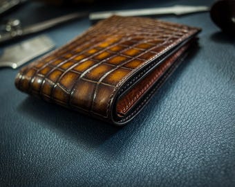 Cartera plegable de piel de cocodrilo hecha a mano, regalo personalizado, cartera para hombre, regalo para él
