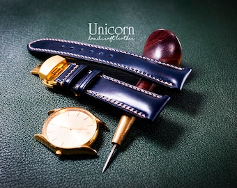 Handmade Navy Shell Cordovan Leather Watch Strap, Padded Style