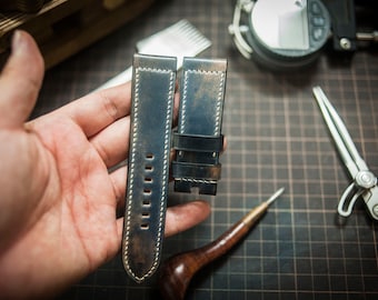 Shell Cordovan PAM-klockarmband: Handgjort i vintagestil, dubbelsidigt, sadelsömnad (24 mm)