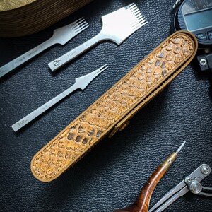 May include: A brown leather case with a snakeskin pattern, a set of leather working tools, a compass, and a digital caliper.