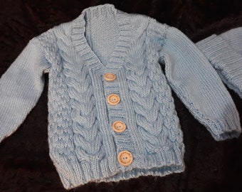 Hand Knitted Aran Baby Cardigan and Hat Set