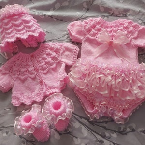 Hand knitted baby girl set, with frilly ribbon and lace detail, set includes Romper, Bolero, Bonnet and booties