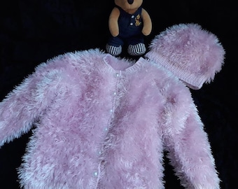 Handmade baby clothing set, cardigan and hat set, faux fur, Prem baby sizes available, made to order, baby set, clothing set, new born