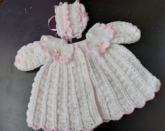 Handmade Crochet Baby Jacket and Bonnet with Ribbon & Roses