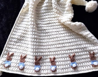 Crocheted Baby Bunny Parade Pram Blanket with Pom Poms