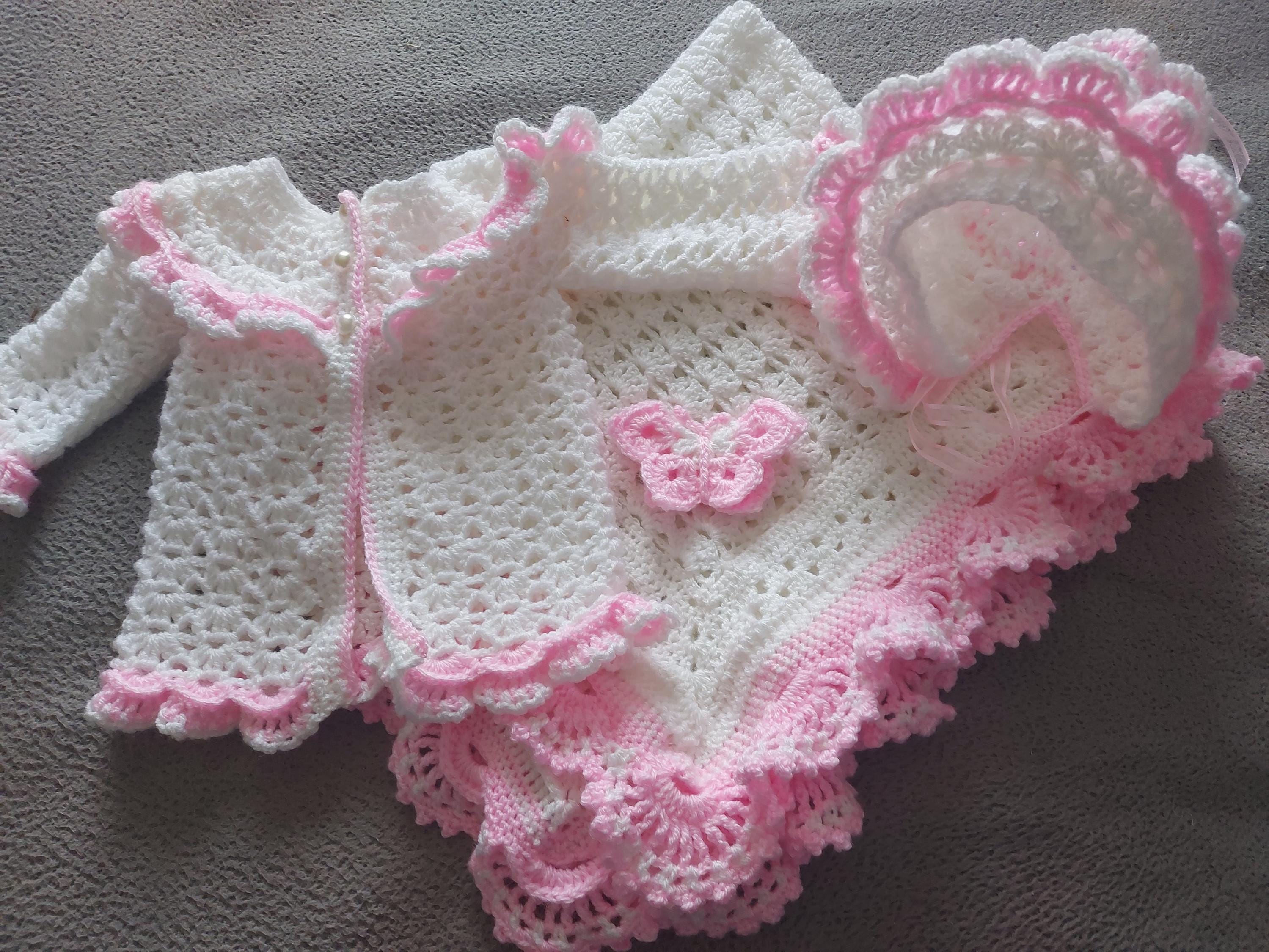 Beautifully crocheted baby clothing set, set includes blanket, jacket and bonnet/hat