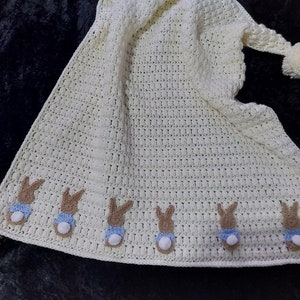 Baby Blanket with Bunnies, Bunny Parade crocheted blanket with pom pom detail, to fit large pram or small cot, colour of you choice