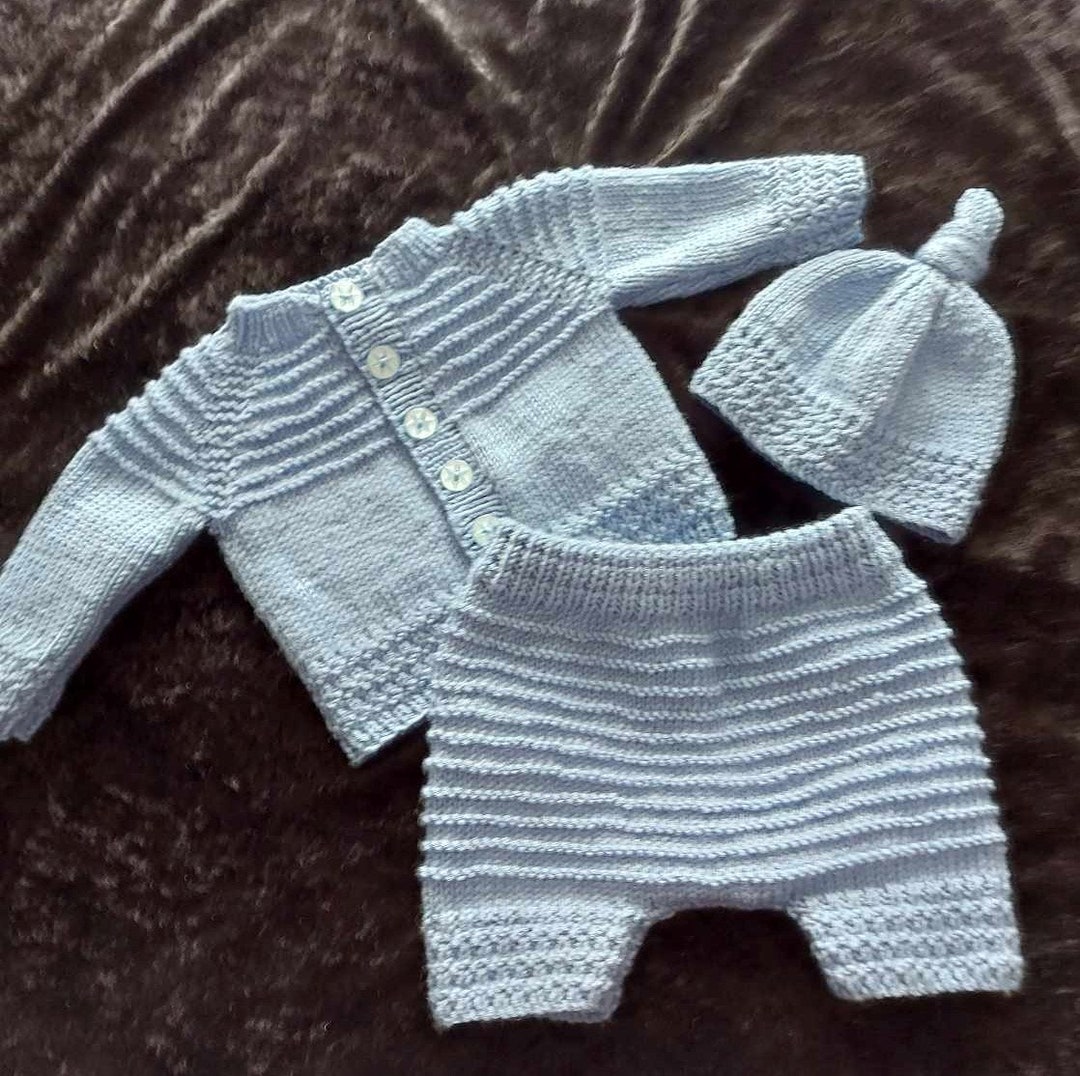Baby Boy Hand Knitted Clothing Set, Includes Cardigan, Hat and Shorts ...