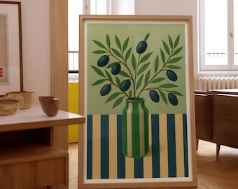 May include: A framed art print featuring a stylized illustration of an olive branch with dark green olives in a green and white striped vase. The background has a green upper section and blue and tan vertical stripes.