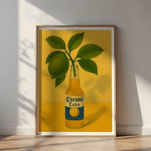 Corona und Limette Druck - Vintage Corona Gemälde Druck, mutige flippige Malerei, Lindenbaum Poster Corona Flasche, Barwagen Dekor, Retro Bier Anzeige.