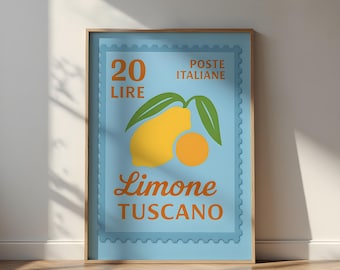 Póster con sello de limón italiano, impresión vintage de verano europeo, decoración de cocina, póster italiano Y2K, arte vintage de limón, póster de La Dolce Vita, impresión azul