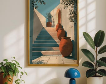 Mediterranean Terracotta Urns Art Print, Greek Village Staircase (Digital Download)