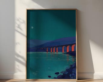 Night Bridge Wall Art - Mid Century Modern Landscape Print