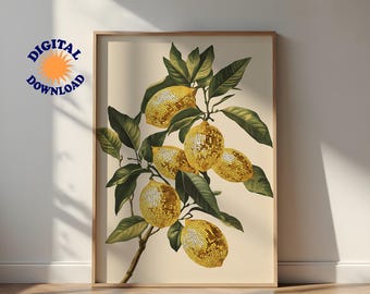 Disco Lemon Print: Retro Mirror Ball Fruit Wall Art (Digital Print)