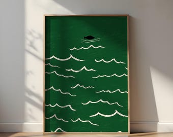 Green Waves Poster, Abstract Ocean Illustration, Minimal Coastal Wall Art