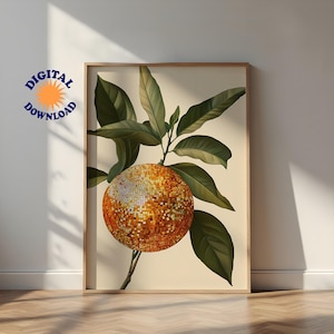 Retro oranje, disco spiegelbol print, funky food interieur, poster spiegelbal barwagen, digitale print, fruitbal kunst aan de muur, cadeau voor haar