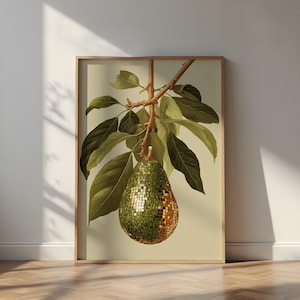 Avocado Wall Art, Avocado Disco Print, Fruit Poster, Mirror Ball Wall Art, Disco Ball Poster, Trendy Avocado Decor, Maximalist Fruit Art,Y2k
