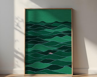 Green Ocean Waves Poster, Abstract Sea Illustration, Minimal Coastal Wall Art