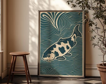 Koi Fish Art Print: Japanese Lino Cut Style, Minimalist Zen Decor