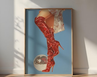 Disco Ball Poster - Red Thigh High Boots, Vibrant Retro Art