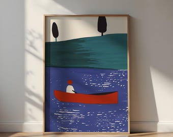 Orange Boat Poster: Minimal Lake Scene, Peaceful Canoe Art