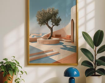 Mediterranean Olive Tree Wall Art - Calm Blue Sea, Warm Terracotta