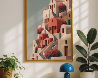 Mediterranean Village Poster - Santorini Buildings with Bougainvillea