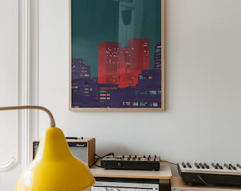 Kunstdruck einer Stadtlandschaft im Stil der Mitte des 20. Jahrhunderts, rote urbane Wandkunst (glänzendes Poster)