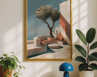 Greek Olive Tree Poster: Mediterranean Terrace Scene (Digital Download)