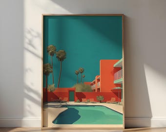 Palm Springs Motel Pool Print, Mid-Century Modern (Glossy Poster)