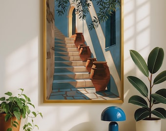 Mediterranean Terracotta Urns Print, Blue Village Staircase (Unframed Poster)