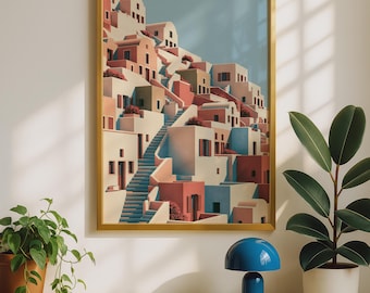 Santorini Wall Art Print - Whitewashed Village in Soft Terracotta