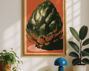 Disco Artichoke Print, Funky Kitchen Wall Art, Green Orange Vegetable Poster