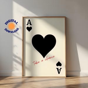 Decorazione murale con carte da gioco, download immediato, stampa con asso di cuori, poster di carte retrò alla moda, arredamento da bar, regalo con stampa per la cucina, arredamento estetico.